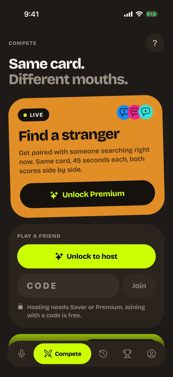 Compete tab: Find a stranger, and Play a friend with a code