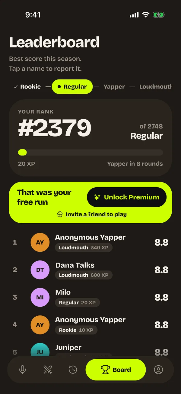 Board tab: your rank and tier, then the season's best scores
