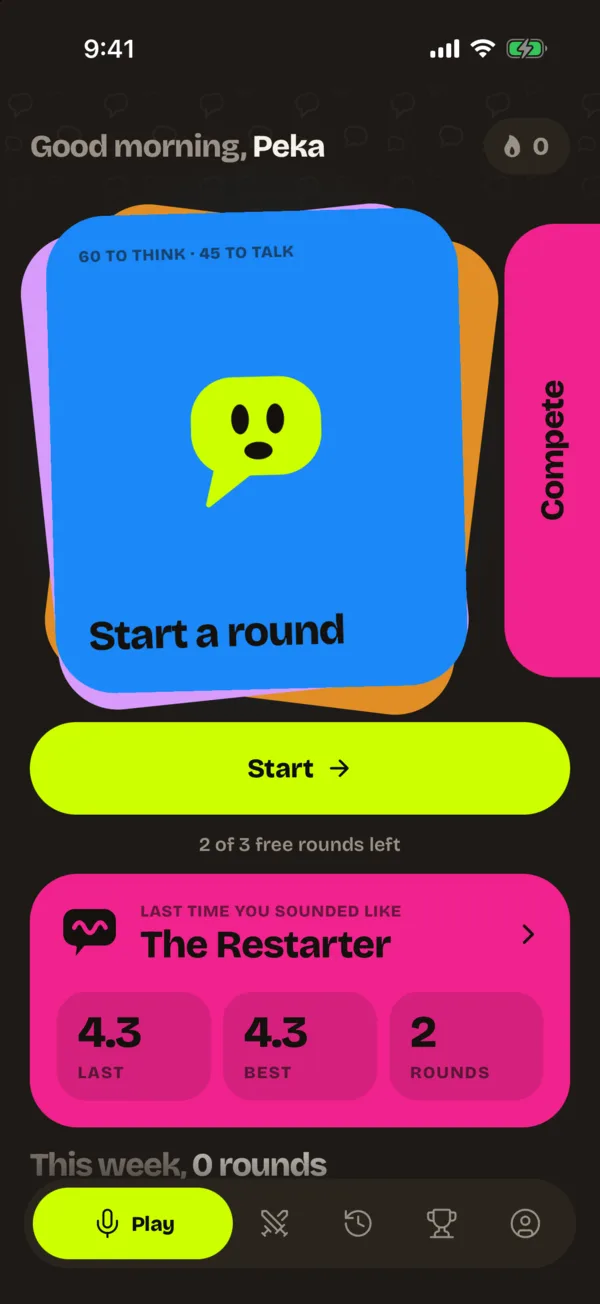 Play tab: the Home deck with Start a round