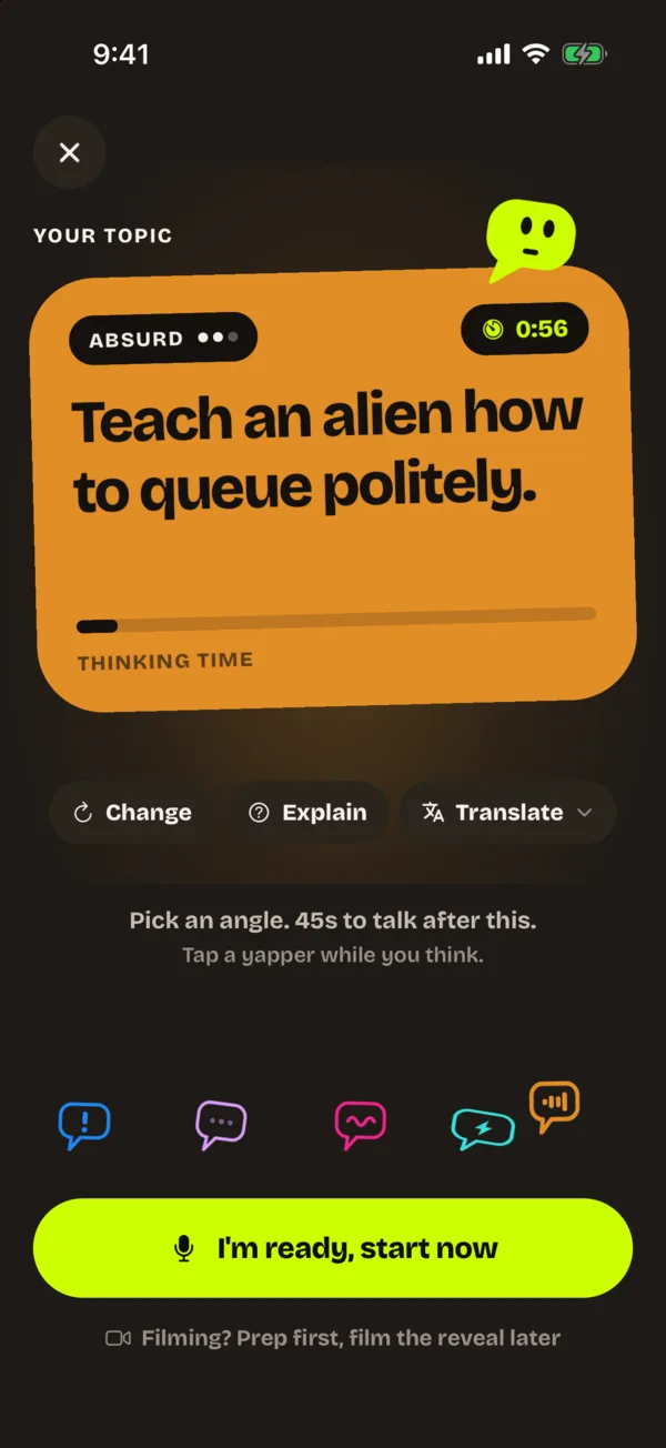 Prep screen: the card, the timer, Change, Explain and Translate