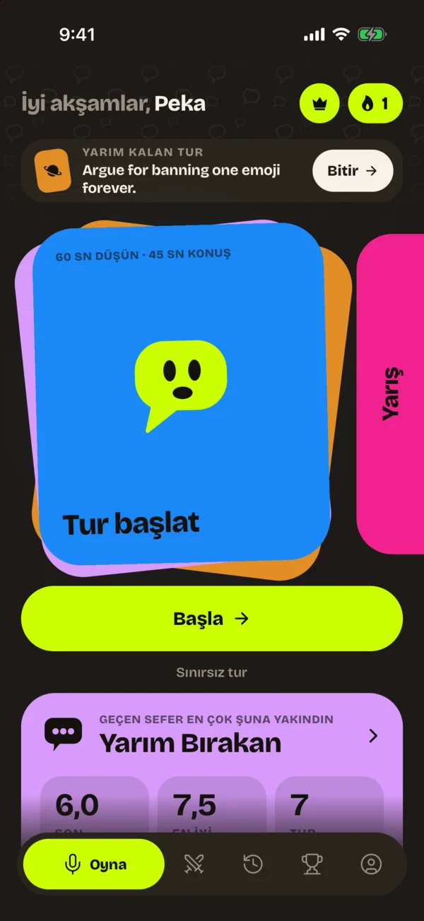 Oyna sekmesi: Tur başlat kartı