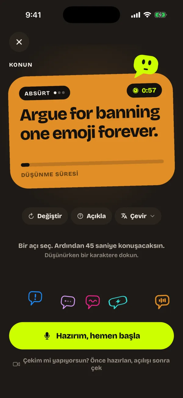 Hazırlık ekranı: kart, süre, Değiştir, Açıkla ve Çevir