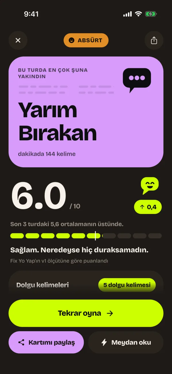 Sonuç ekranı: Yarım Bırakan, 6,0 / 10