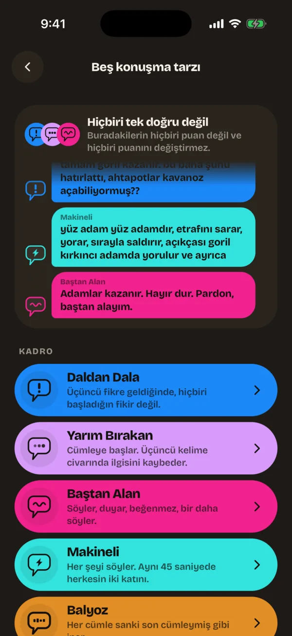 Beş konuşma tarzı ekranı